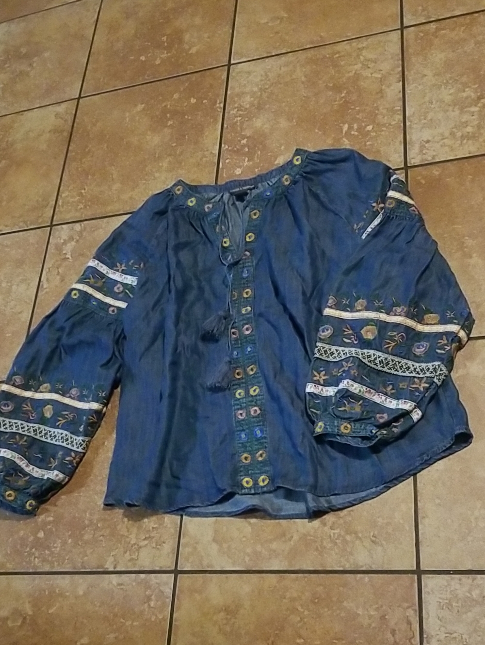 Chelsea & Theodore Denim-Blue Embroidered Peasant Top